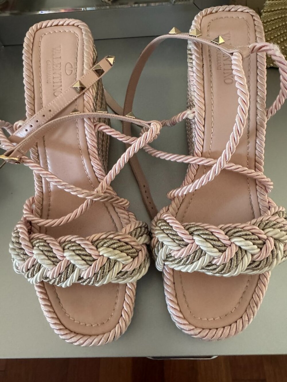 Valentino Garavani Rockstud Rope Wedge Sandals in Rose Quartz multi color